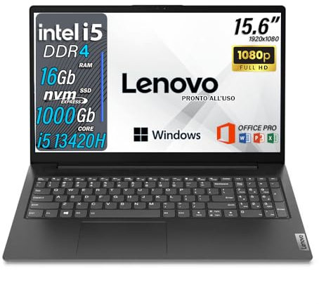Lenovo Notebook i5, Pc portatile intel core 13th 8 core, Ram 16gb, Display 15.6 Full Hd, Ssd 1 b Nwme,Wi fi, Bt, Windows 11 Pro, Laptop i5 pronto all’uso