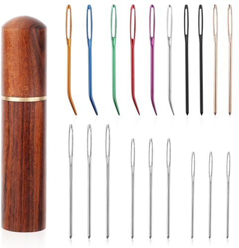 Tinoaly 19 Stk Aluminium Sticknadeln mit Großem Öhr, 3 Größen, Silber, Gebogene und Gerade Nadeln zum Nähen, Stricken und Häkeln