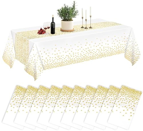 Lot de 10 nappes jetables en plastique blanc - 137 x 274 cm - Nappe de jardin à pois dorés - Nappe rectangulaire - Pour anniversaire, fête, mariage