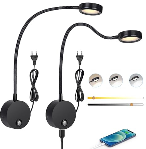 ERWEY 2 Stück LED Leselampe Wandmontage, Wandleuchte mit Touch-Dimmer (3000-6000K), 4W Bettlampe mit 360° Flexiblem Schwanenhals und USB-Ladeanschluss für Bett, Schlafzimmer (Schwarz)