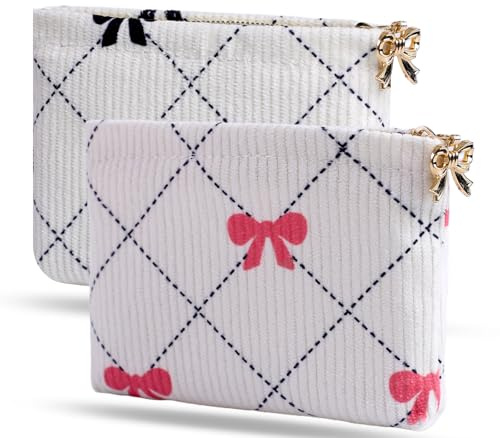 Teircno 2 PCS Coin Purse, Change Purse with Bow Pattern & Metal Zipper, Small Coin Pouch for Pocket, Compact Coin Purse for Women Credit Card Key Lipstick Holder, Perfect for Travel, Daily Use & Gifts