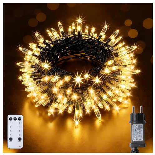 BrightWish Luci LED 10 Metri 100 LED Alimentazione a Rete con Telecomando & Timer, Luci da Esterno Impermeabili, 8 Modalita Tremolanti per Decorazioni Patio o Camera da Letto (bianco caldo)