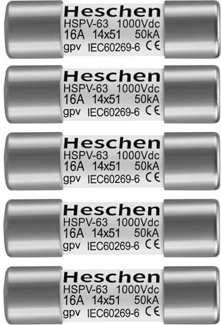 Heschen Solar DC1000V PV-Sicherung, Photovoltaik-Sicherungen, gPV-Typ-Sicherungsverbindung, 16A HSPV-63, 14 x 51 mm,1000VDC, 50 kA, für Solar-PV-Systemschutz, 5 Stück