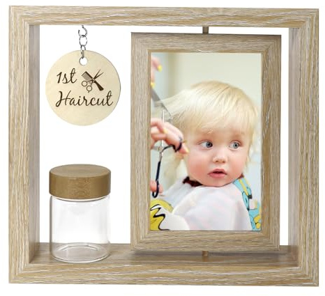 Custom My First Haircut Keepsake Frame - Rotatable Display of Before and After Haircut Photos with Glass Keepsake Jar for Baby Hair,Newborn Memory Gift for Boy or Girl,Holds Two 4x6 Pictures (wood1)