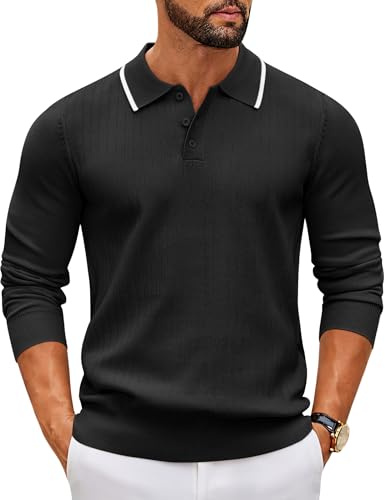 COOFANDY Pull Homme à Col Polo Manches Longues Tricot Fin Patte de Boutonnage Style Loisirs Basic Coupe Regular Fit Noir XL