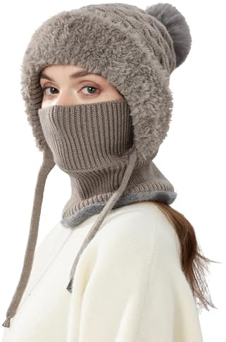 Adigau Damen 3 in 1 Warme Wintermütze Strickmütze mit Fleecefutter Leichte Winddichte Mütze Winter Fleecemütze für Outdoor Radfahren Skifahren Einheitsgröße Grau