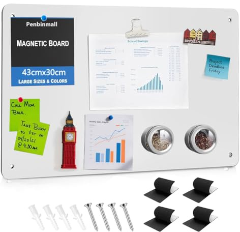 Magnettafel 43 X 30cm Pinnwand Magnetisch,Magnetwand küche,Magnet Magnetisches Magnetboard, kratzfest magnettafel edelstahl für Tafel Büro Kühlschrank Notizen (Weiß)
