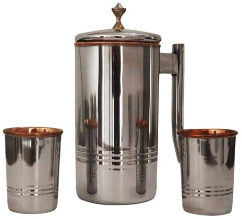 Pichet à eau en acier inoxydable et cuivre pur avec 2 gobelets assortis pour la santé ayurveda (doublure inférieure avec bouton en laiton)