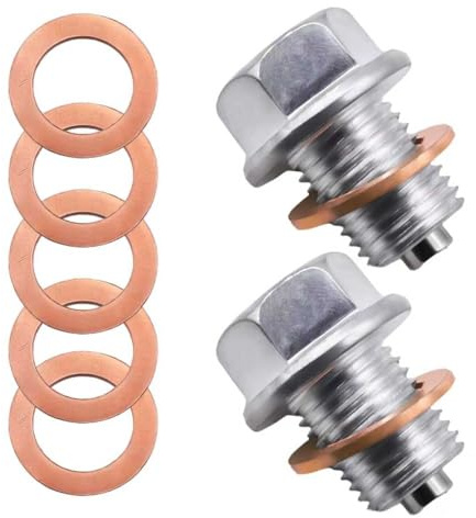 CJMUQHEHH 2 Pezzi Tappo Olio Motore Magnetico M14x1,5 con Rondella in Rame, Tappo Coppa Olio in Acciaio Inox con 5 Rondelle di Rame, Vite di Scarico per Auto, Moto e Barche