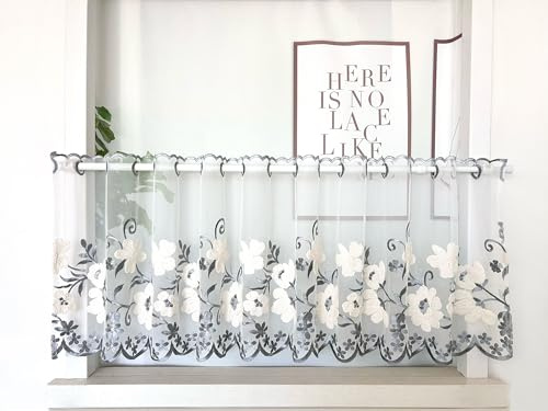 Daliena Scheibengardine Blumen Stickerei Kurzgardine BxH 250x45cm Grau | Transparent Bistrogardine Modern Kurzstore mit Lochleiste Küchengardinen Landhaus, Gardinen für Kleinfenster 1 Stück
