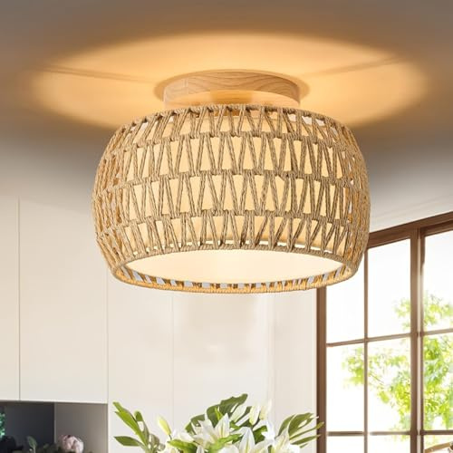 KUOP Boho Deckenlampe Rattan Schlafzimmerlampe Beige 30CM E27 | Deckenleuchte Rattan Lampenschirm Beige Korblampen Wohnzimmerlampe für Wohnzimmer Schlafzimmer Flur, B32cm*H15cm