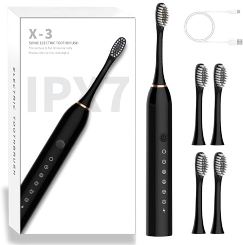 Spazzolino Elettrico, Spazzolino Sonico Denti per Adulto, Spazzolini Elettrici, 4 Testine 6 Modalità, Spazzolino Electrico Rechargeable à Charge Rapide, Nero
