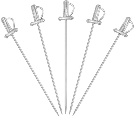 QUARKZMAN 5 Stück Edelstahl Cocktailspieße 11,3 cm Silber Schwert | Martini-Spieße Obstspieße Metallspieße, wiederverwendbar, Für Drinks Olives Vorspeisen Obst Deko