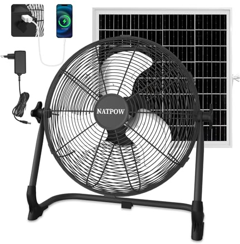 NATPOW Solar Ventilator Groß, 30cm Solarlüfter mit USB-A Aufladung, 15W Bodenventilator Leise, Zwei Lademöglichkeiten Windmaschine mit Solarpanel und Adapter, für Camping Baustelle Gewächshaus