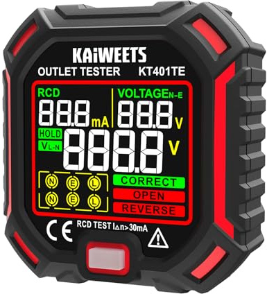 KAIWEETS Testeur de prise avec test RCD et écran LCD, affichage de tension, 7 tests de câblage, mesure de tension de fuite, testeur de prise 200-250 V, CAT II 300 V