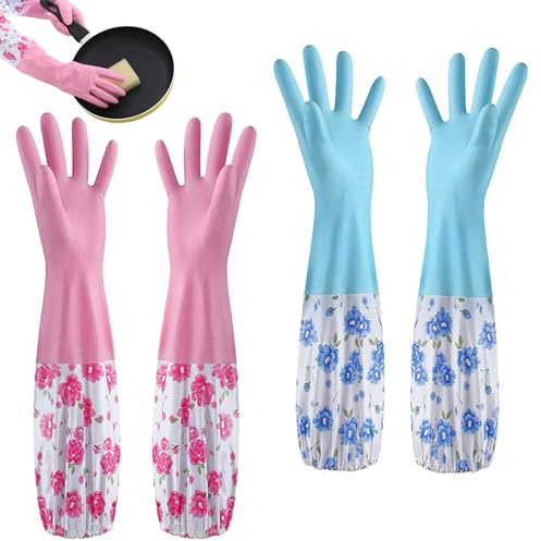JYJLLM Blumen Design Haushaltshandschuhe 2er Set | 46cm Extra Lange Spülhandschuhe Mit Flauschfutter & Blumendruck | Wasserdicht & Wärmegedämmt Für Reinigung & Gartenarbeit (Rosa + Blau)