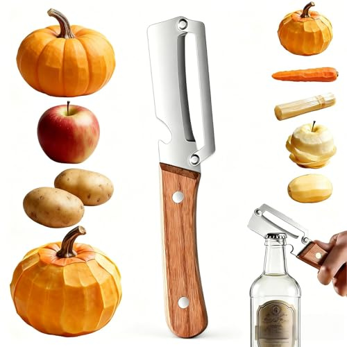 OLYGEE 2-in-1 Multifunctional Peeler for Kitchen, Wooden Handle with Bottle Opener, Premium Stainless Steel Vegetable and Fruit Peeling Tool (1pcs)