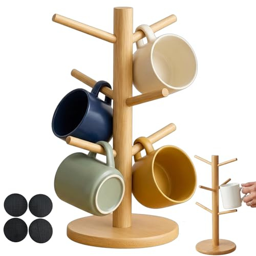 QiiWuic Mug Tree 6 Mugs, Wooden Mug Stand for Coffee Cup Organisation, Space-Saving Kitchen Storage Solution, Sturdy Mug Holder with Stable Base Design