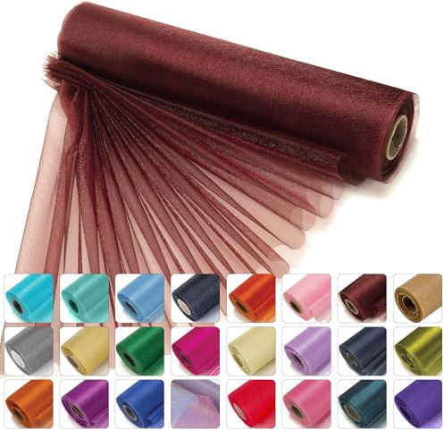 Weddecor, rotoli di organza velati per runner da tavolo, decorazione per matrimoni, fiocchi per sedie, decorazione per il tavolo, nastro per lavori artigianali, 25 m x 29 cm, bordeaux