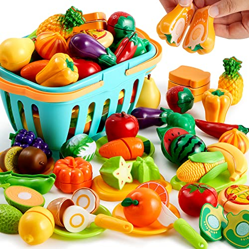 JOYIN 68 Piezas de Juguete de Comida para Cortar para la Cocina niños pequeños, Incluye Frutas y Verduras de plástico, Regalos para niños pequeños
