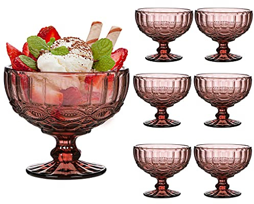 Dibor Glass Dessert Bowl Set Embossed 300ml Footed Sundae Dishes (6, Pink)