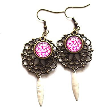 Boucles d'oreilles, Fleur, fushia et blanc, bronze