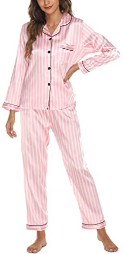 Onsoyours Ensemble de Pyjama Femme 2 Pièces Pyjama en Satiné De Soie avec Poche Manche Longue Classique Vêtements de Nuit A Rayures M
