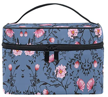 Floral Rose Pink Blie Plant Cosmetic Bag Organizer Zipper Makeup Bags Pouch Toiletry Case for Girl Women