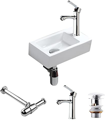CROSS ZEBRA Upgraded Rectangle Wall Mounted Wash Basin Sink with Tap Waste Trap High Temperature Calcination Ceramic Vessel Gloss White Design Easy to Install and Clean for Bathroom Toilet WC(Right)