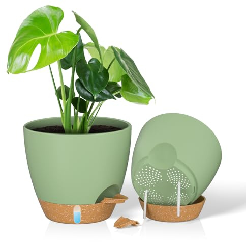 ZMTECH 25 cm Pots de Plantes avec Trous de Drainage Soucoupe Jardinières Auto-Irrigantes avec Entrée d'eau Pot de Fleurs en Plastique pour Plantes d'Intérieur et d'Extérieur (Lot de 2, Vert)