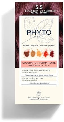PHYTO Paris - Coloration Permanente - 5.5 - Chatain Clair Acajou - Pigments Végétaux - Couvre 100 % des Cheveux Blancs