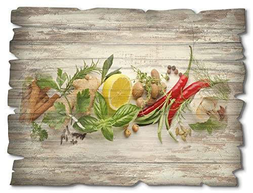 ARTland Wanddeko Bild aus Holz Holzbild vintage Deko 40x30 cm Essen Lebensmittel Gewürze Kräuter Zitrone Chilli Vintage Rustikal U1RK