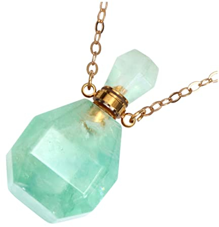 Didiseaon Natural Crystal Fluorite Wishing Bottle Pendant Necklace Perfume Bottle Container Pendant for Jewelry Decorations for Hanging As Mood Necklace Storing Essential Oils