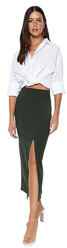 Trendyol Femme Jupe crayon Coupe ajustée Jupe en tricot, Kaki, M