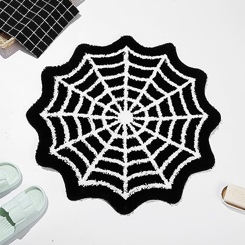 Halloween Spider Web Bath Mat for Bathroom Rugs Non Slip Machine Washable,Gothic Cute Black White Round Circle Bath Mat Non Slip Cartoon Round Shaped Bathtub Rug Bathroom Tub Plush Shower Rugs
