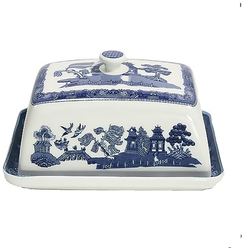UNIQUE HOME LIVING Blue Willow Butter Dish Ceramic Covered Server Style Oriental Design Tableware