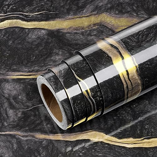 Livelynine Wand Tapeten Marmor Folie Schwarz Gold 40CMx10M Wandtapete Selbstklebend Küche Bad Abwaschbar Arbeitsplatte Folie Küche Folie Selbstklebend Marmoroptik Schwarz Möbelfolie Küchenrückwand