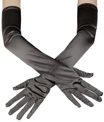 Whakano Lange Handschuhe Damen, Satin, Schwarz, Ellenbogenlange Elastische Brauthandschuhe, für Hochzeit, Party, Halloween, Tea Party Zubehör