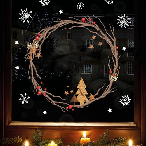 Wandtattoo Loft Fensterbilder Weihnachten mit Weihnachtskranz aus Zweigen und Sternen – Wiederverwendbar – A4 Bogen – Weihnachstdeko Fenster Kinderzimmer, Weihnachtsbilder Fenster, Fensterbild Winter