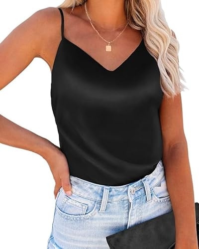 Vossmi Mujer Camiseta sin Manga Sexy Cuello en V Camisola de Tirantes de Satén Chalecos Interiores para Mujer Elegante Strappy Top(Negro,L)