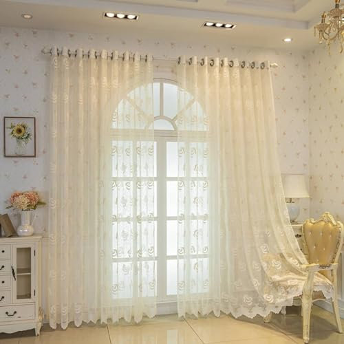 Gardinen mit Schlaufen Beige 2er Set, Vorhänge Schlafzimmer Lichtdurchlässig Jacquard mit Rose Blumen Motiv 96x115CM Schiebevorhänge Halbtransparent Gardinenschals Polyester Wohnzimmer