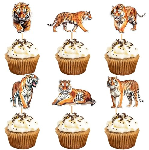 Cupcake Topper Tiger, 24 Stück Tortendeko Waldtiere, Muffin Deko für Geburtstag, Zoo Tier Dschungel Cake Topper, Picker für Kindergeburtstag Party