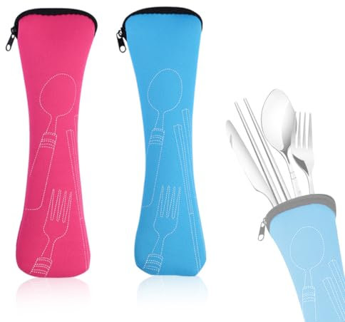 BQRKOTM 2 Stück Bestecktasche, Tragbare Neopren Bestecktaschen Leer mit Reißverschluss, Camping Geschirr Waschbar Schule Picknick Besteck to go (Hellblau und Rosarot)