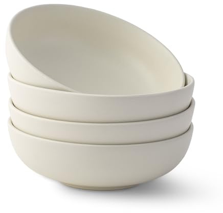 JoyJolt Mesa 30oz Stoneware Pasta Bowls Set of 4, Salad and Serving Bowl for Kitchen, Oatmeal, Soup, Dinner - Matte Linen White, Dishwasher and Microwave Safe, Wide and Shallow Plate