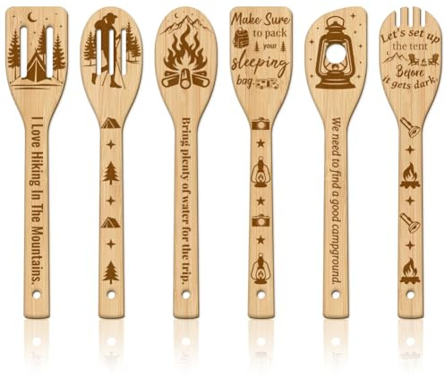GLOBLELAND 6 Pièces Ensemble D'Ustensiles de Cuisine en Bambou Camping Car Ensemble de Cuillères Gravées en Bois Spatules pour Feu de Camp Cuillère de Cuisine en Bois pour Mère l'amie Femmes Cadeau