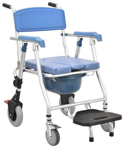 Toilet Chair for Seniors with Wheels, 3-in-1 Shower Chair, Toilet Chair, Foldable with Armrests and Brakes, Multifunctional Commode Chair for Seniors, Pregnant Women, Load Capacity 150 kg (Blue)