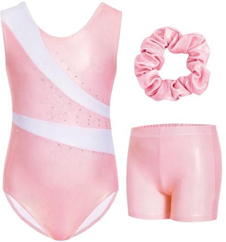 Gogokids Flickor ärmlös glittrig gymnastik trikåuppsättning med shorts, D-rosa, 9-10 år