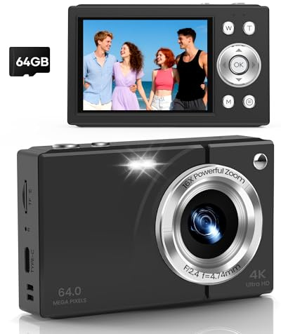 Digital Camera, 4K Vlogging Camera, Autofocus, 64GB Card, Built-in Battery | 64MP, 16X Zoom, Self-Timer, Compact Digital Camera for Teens Adult Beginners, Ideal for Travel & YouTube - Black