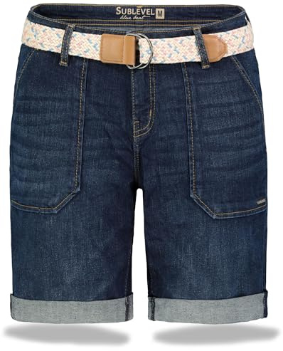 Sublevel Damen Jeans Shorts Denim Bermuda Chino Stretch mit Flechtgürtel Bequeme Kurze Sommer Hose