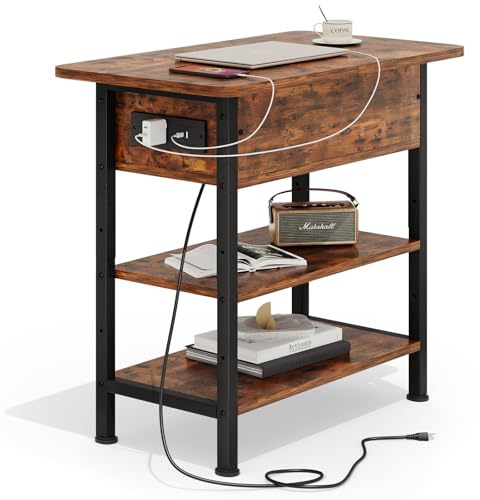 GRUSIGN End Table with Charging Station, Flip Top Side Table with USB Ports and Outlets, 3-Tier Small Side Table with Storage for Small Space, End Tables for Living Room/Bedroom, Brown